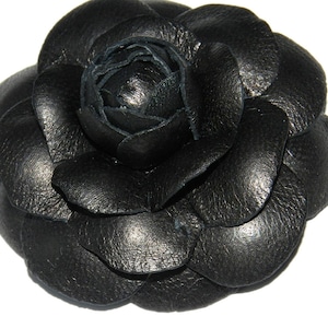 Black Leather Camellia Brooch: Handmade Flower Pin