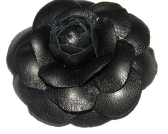 Black Leather Camellia Brooch: Handmade Flower Pin