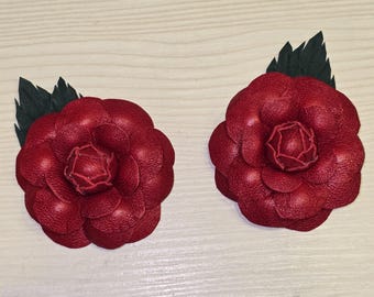 Red Leather Camellia Shoe Clips: Romantic Shoe Accessory