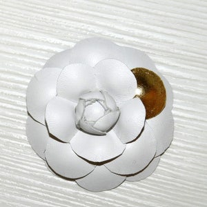 Leather Camellia Brooch: White Flower with Gold Petal
