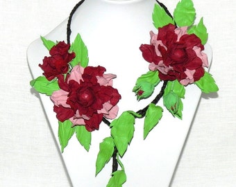 Leather rose necklace red purple green, Elegant leather flower necklace