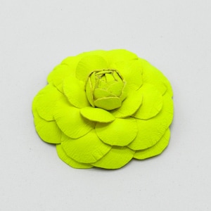 Neon yellow  leather camellia, Camellia brooch