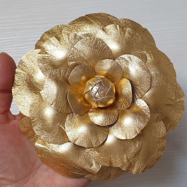 Gold leather camellia, Gold Camellia brooch