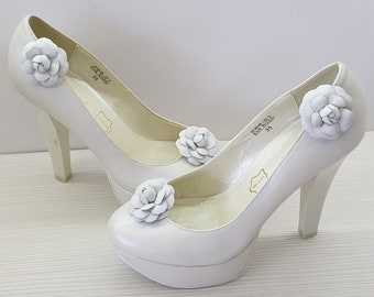 Leather Camelia Flower Shoe Clips - White Genuine Leather