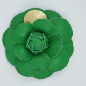 Handmade Leather Camellia Brooch: Gold Petal Flower Pin