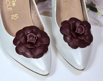 Leather Camellia Shoe Clips: Burgundy Floral Shoe Accessory (6cm or 7cm