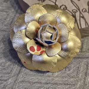 Gold Leather Camellia Brooch: Handmade Italian Flower Pin (7cm)