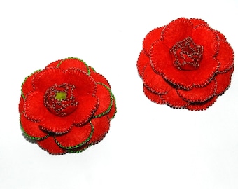 Flower brooch Camellia made of natural leather  red or green beaded edges