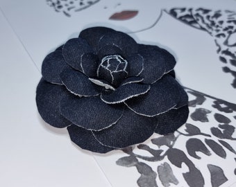 Denim camellia in marine dark blue, flower brooch for women, Fabric Camellia brooch Dark BLUE DENIM