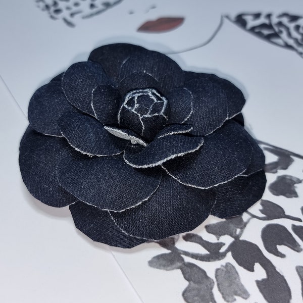 Denim camellia in marine dark blue, flower brooch for women, Fabric Camellia brooch Dark BLUE DENIM