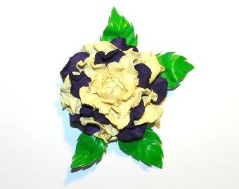 Natural leather flower brooch - cream and dark purple rose with green leaves