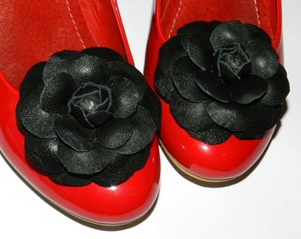 Leather flower Camelia shoe clips, genuine leather flower shoe clips - Black! Elegant shoe clips, camellia shoe clips.