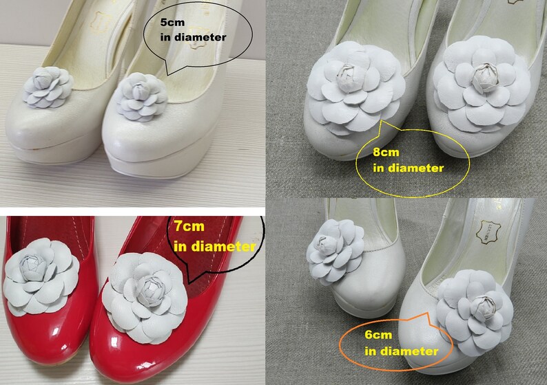 May include: Four pairs of shoes with white fabric flower embellishments. The flowers are different sizes, measuring 5 cm, 6 cm, 7 cm, and 8 cm in diameter.