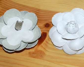 White Leather Camelia Shoe Clips: Handmade Flower Accessory