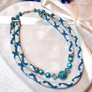 Blue Czech Glass Bead Crochet Rope Necklace - Handmade