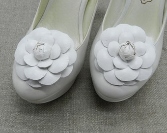 White Leather Camelia Shoe Clips: Handmade Flower Accessory
