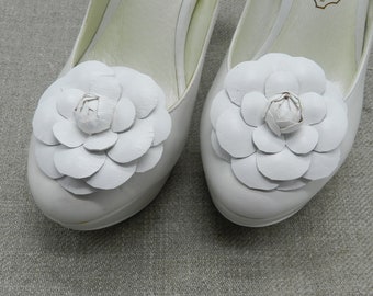 White Leather Camelia shoe clips, genuine leather flower shoe clips, flower shoe clips, camelia white