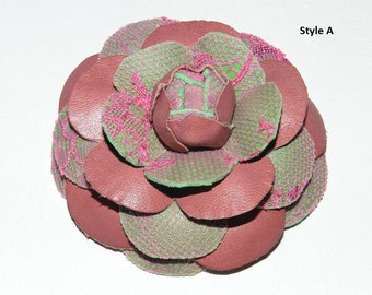 Leather Camellia Flower Brooch: Handmade Accessory (7.2cm)