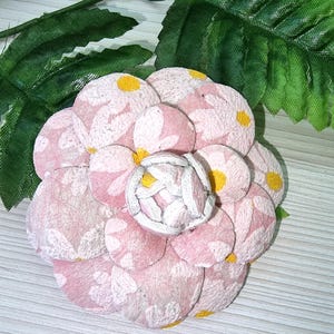 Leather Camellia Brooch: Pink Flower Pin, Party Accessory, Camellia with daisy print