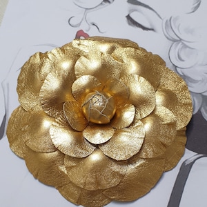 Gold Leather Camellia Brooch: Italian Flower Pin