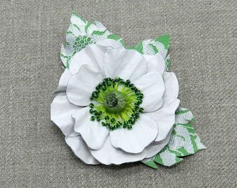Poppy Leather brooch, leather flower brooch, White leather poppy with green leaves