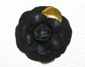 Flower brooch Camellia made of natural leather - black!