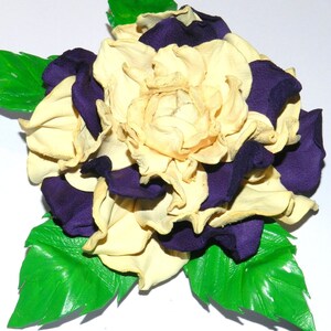 Natural leather flower brooch - cream and dark purple rose with green leaves
