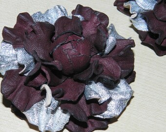 Burgundy Leather Rose Shoe Clips: Silver Accents, Set of 2