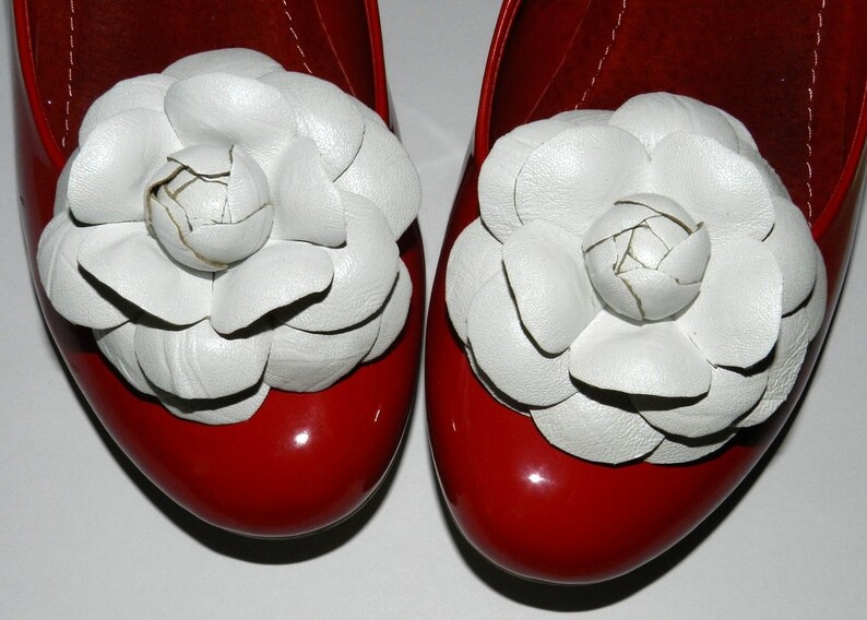 White Leather Camelia Shoe Clips, Genuine Leather Flower Shoe Clips