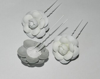 Bridal leather flower hair pin, white camelia, wedding accessories, Set of three.