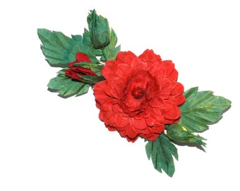 Fabric flower brooch, Flower brooch with buds, Red flower brooch, Red fabric flower brooch with green leaves and buds