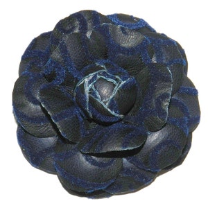 Black & Dark Blue Leather Camellia Flower Brooch: Elegant Pin