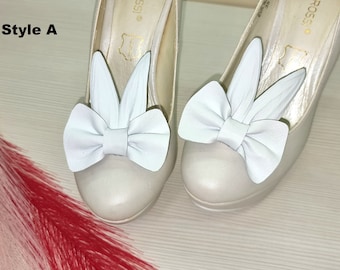 Clips de chaussures en cuir, noeud avec pinces à chaussures en oreilles de lapin de couleur blanche