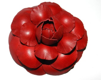 Flower brooch like Camellia from natural leather - Red!
