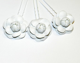 Bridal leather flower hair clip  white camellia , wedding accessories, 3pcs White leather camelia hair pins