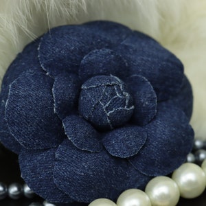 Denim camellia, flower brooch, Fabric flower brooch, Camellia, Dark blue