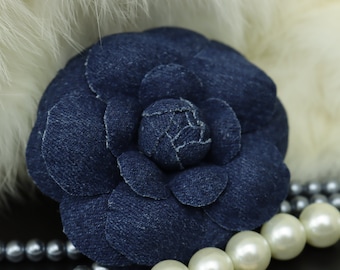Denim camellia, flower brooch, Fabric flower brooch, Camellia, Dark blue