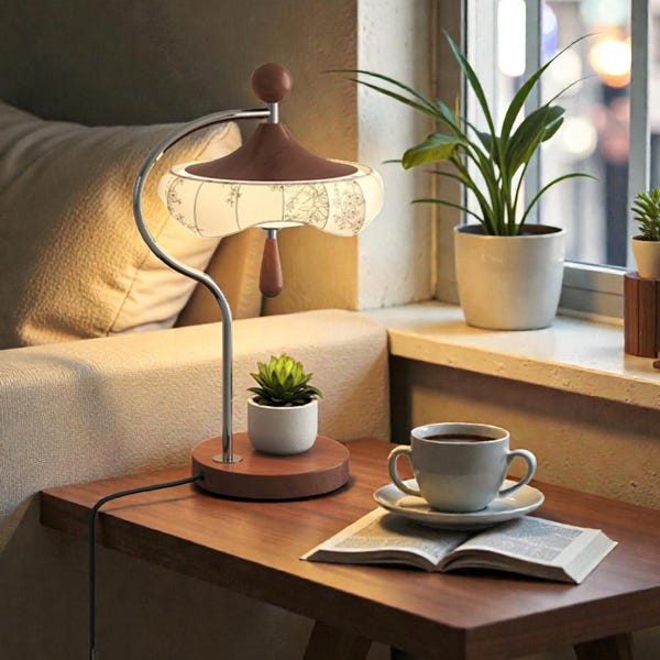 Song Dynasty Style Table Lamp, Cream Fabric Shade, LED Night Light