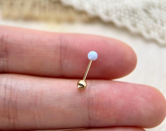 Pendientes de oro macizo de 14 quilates con ópalo, delicados pendientes para piercing hélix, cierre de rosca seguro