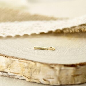 May include: A small, slender gold pendant bar featuring a row of tiny, clear, sparkling stones embedded along its length. The pendant has a small loop at one end for attachment to a chain, showcasing a polished metallic finish and a linear design.