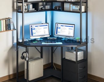 Corner Desk with Hutch and LED Lights, Small Gaming Computer Desk with Drawers, Shelves & Hook for Small Space