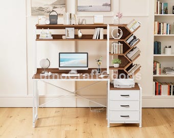 Computer Desk with Hutch & Drawers  52 Reversible Study Writing Desk  Bookshelf Storage Home Office Bedroom Desk Furniture