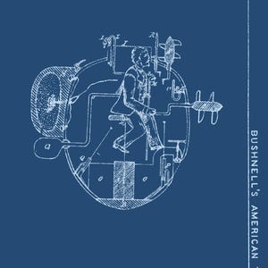 Bushnell American Turtle submarine cutaway, Prussian blue blueprint style, 1776 Revolutionary War technical drawing