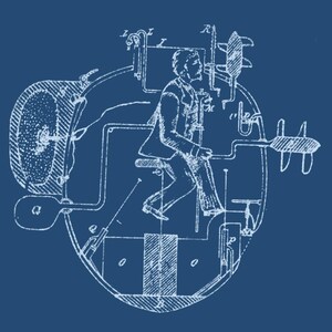 Bushnell American Turtle submarine cutaway cross-section, Prussian blue blueprint, 1776