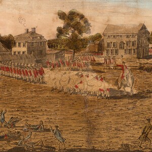 May include: An antique illustration of a historical battle scene. Soldiers in red coats and white trousers are lined up, facing figures in blue. A man on horseback directs the action, with buildings and trees in the background.