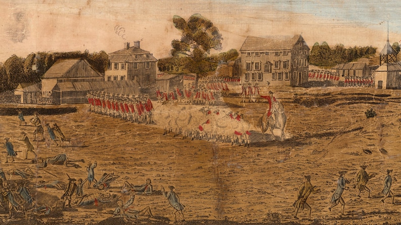May include: An antique illustration of a historical battle scene. Soldiers in red coats and white trousers are lined up, facing figures in blue. A man on horseback directs the action, with buildings and trees in the background.