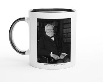 アンドリュー・カーネギーの富の福音マグカップ、実業家の名言入りコーヒーカップ、右利き用と左利き用