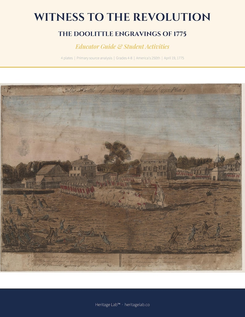 May include: An educational resource titled "Witness to the Revolution" featuring "The Doolittle Engravings of 1775." The image includes a historical engraving depicting a battle scene with soldiers and buildings, and text.