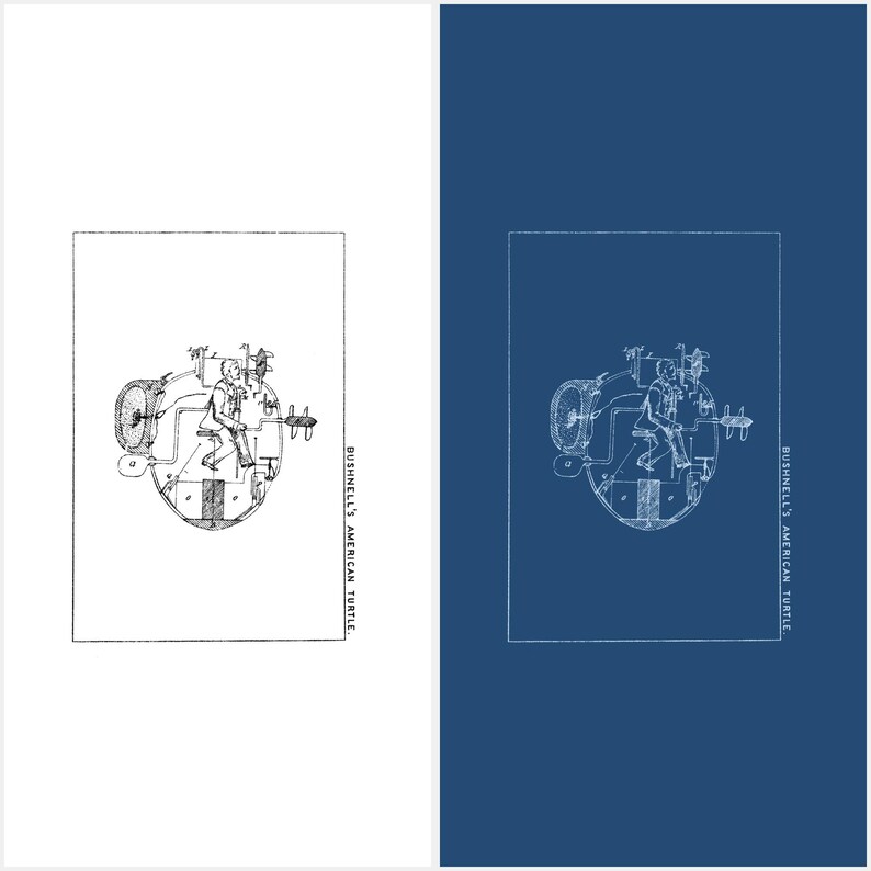 Side by side comparison of restored white and Prussian blue blueprint versions of the Turtle cutaway