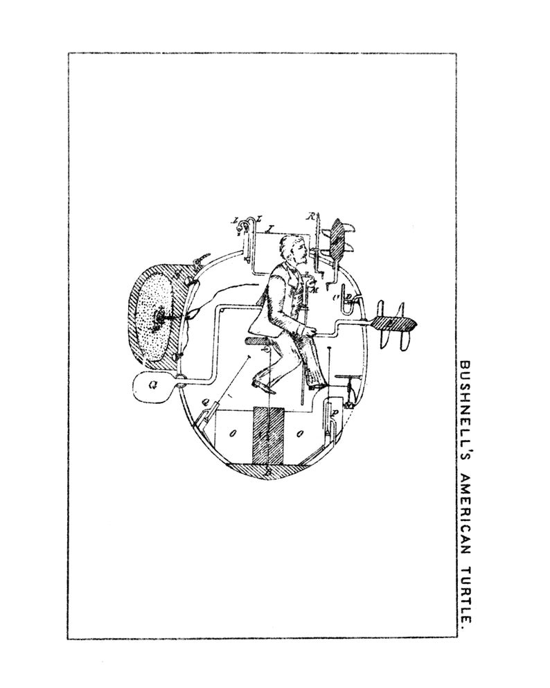 Bushnell American Turtle submarine cutaway, restored white, 1881 engraving